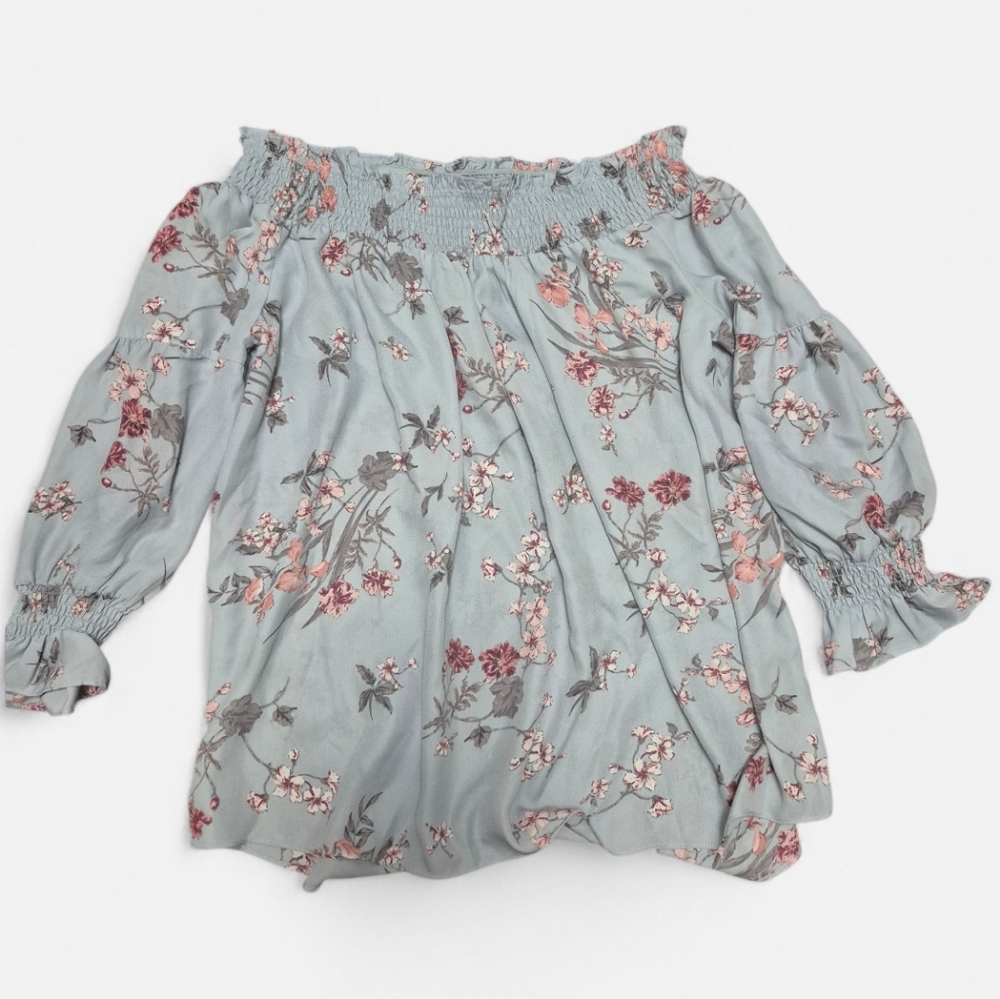 FWP Suzy Shier Light Blue Floral Off-Shoulde